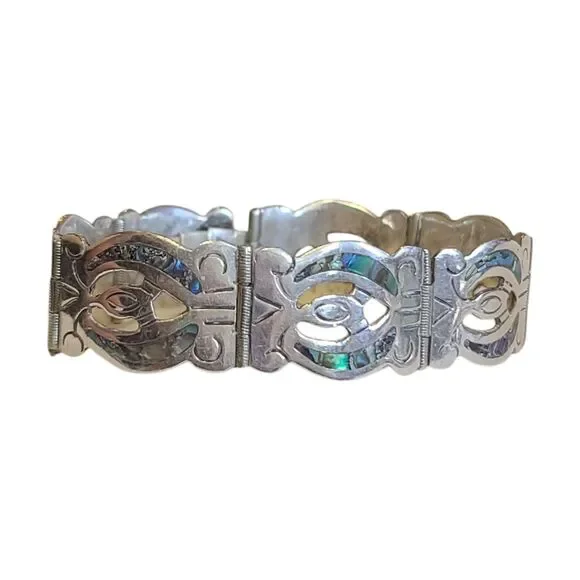 Vintage Abalone Sterling Silver 925 Panel Bracelet Iguala Mexico Signed - Picture 4 of 13